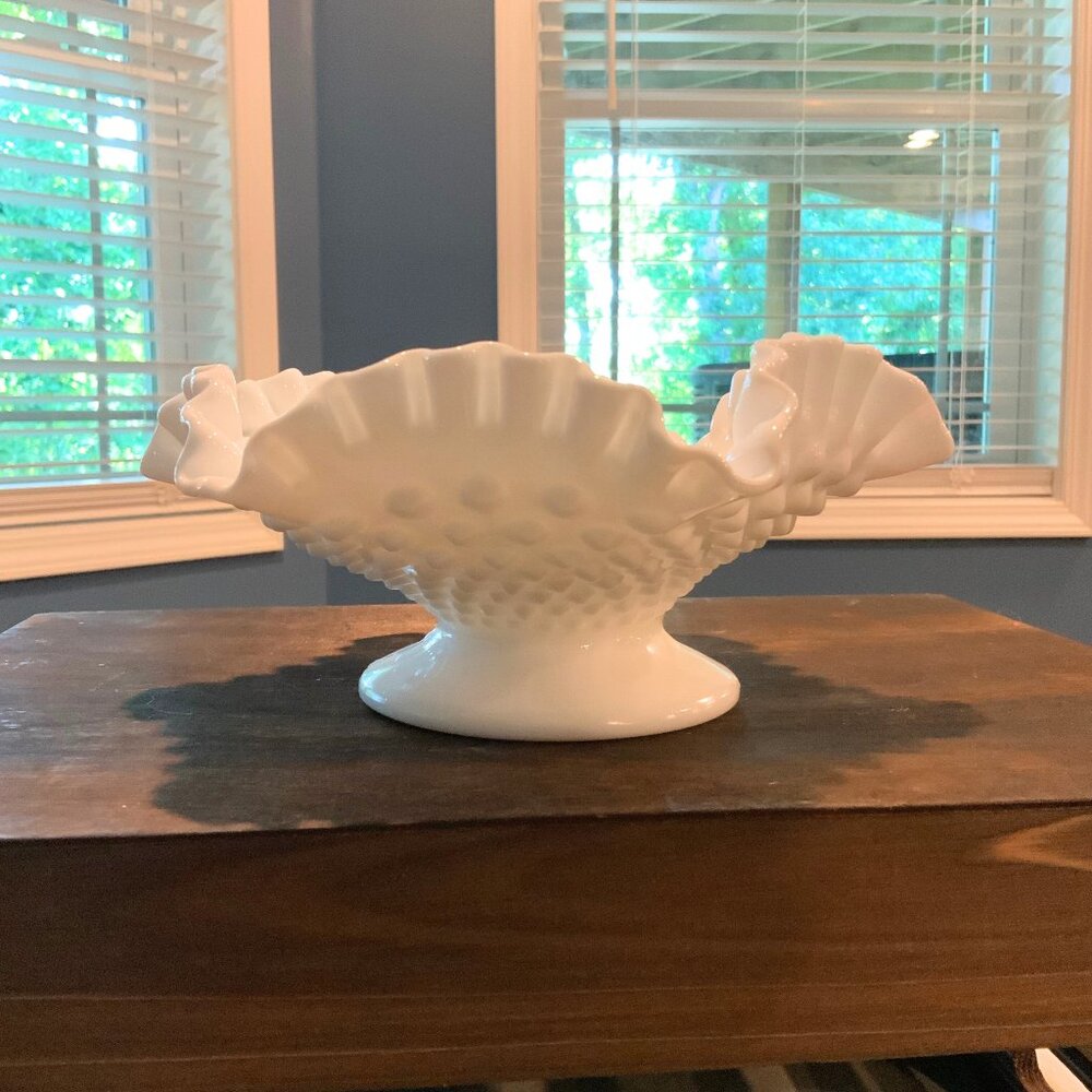 Vintage Fenton Hobnail White Milk Glass Crimped Ruffled Footed Bowl, 8" Wide